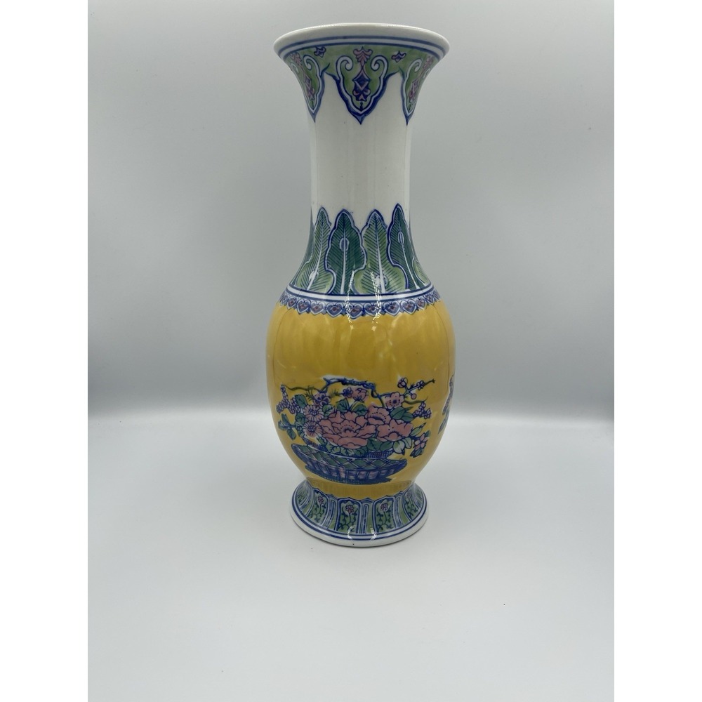 Vintage‎ Oriental Chinese Flower Vase Blue/Yellow/White